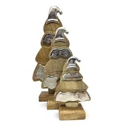 Abbildung von DARO DEKO Holz Tannenbaum mit Standfuss 3er Set Natur braun Silber 18cm 28cm 38cm