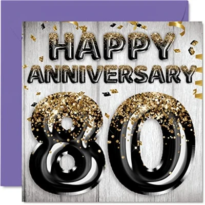 Abbildung von Tolle Eichenholz Jubiläumskarte für Ehemann Freund Ehefrau Freundin schwarz goldene Glitzer Luftballons Happy 80th Anniversary Cards from Family 145 mm x Grußkarten 80. Jubiläen