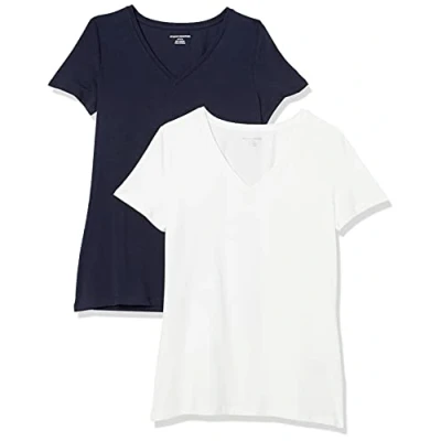 Abbildung von Amazon Essentials Damen Kurzärmeliges T Shirt mit V Ausschnitt, Klassischer Schnitt, 2er Pack, Marineblau/Weiß, L