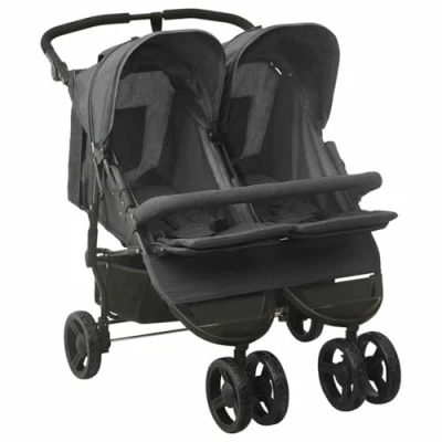 Abbildung von vidaXL Geschwisterwagen mit Frontstoßstange Korb Zusammenklappbar Verstellbar Kinderwagen Zwillingswagen Zwillingsbuggy Buggy Anthrazit Stahl