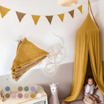 Abbildung von LILIMAUS Wimpelkette Stoff [in 12 Farben] Kinderzimmer 100% Baumwolle Handmade Girlande Musselin Hausbett Deko Mädchen &amp; Jungen für Babyzimmer