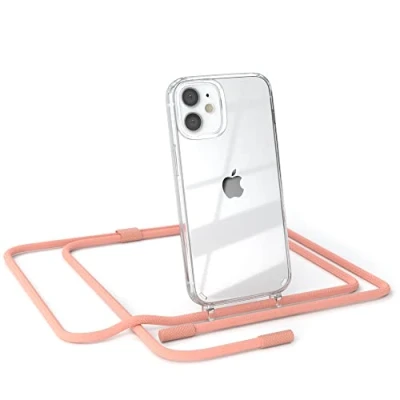 Abbildung von EAZY CASE kombinierbare Handyketten kompatibel mit iPhone 12 Mini, Transparente Silikon Hülle rundem Umhängeband, abnehmbar durch abschraubbare Endstücke, Band, Handykordel, Korall