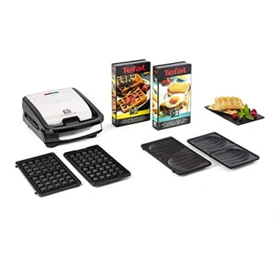 Abbildung von Tefal Snack Collection, Waffeleisen und Sandwiches, Erweiterbar, Platten Antihaftbeschichtet, Spülmaschinengeeignet, Praktische Aufbewahrungsboxen, schwarz/Edelstahl, SW853D