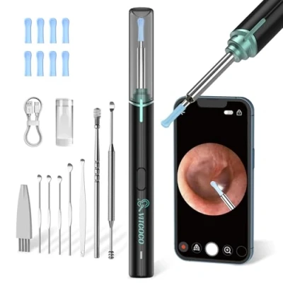 Abbildung von Ohrenschmalz Entferner Otoskop, VITCOCO 1920P Wifi Ohrreiniger, IP67 Wasserdicht Otoskop Ohr, 360 Weitwinkel Kamera mit 6 LEDs für Erwachsene, Kinder und Haustier (Schwarz)