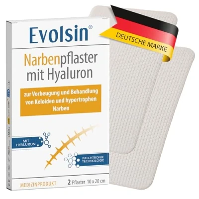 Abbildung von Evolsin Narbenpflaster mit Hyaluron &amp; Patchtronik Für OP Narben, Kaiserschnitt, Keloide hypertrophe unterstützt die Hautbarriere