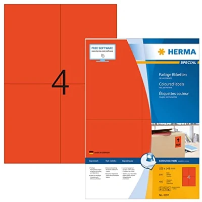 Abbildung von HERMA 4397 Farbige Etiketten rot, 1400 Blatt, 105 x 148 mm, 4 pro A4 Bogen, 5600 Stück, selbstklebend, bedruckbar, matt, blanko Papier Farbetiketten Aufkleber