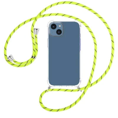 Abbildung von mtb more energy® Handykette kompatibel mit iPhone 15 Neon Gelb gestreift Smartphone Hülle zum Umhängen Anti Shock Full TPU Case