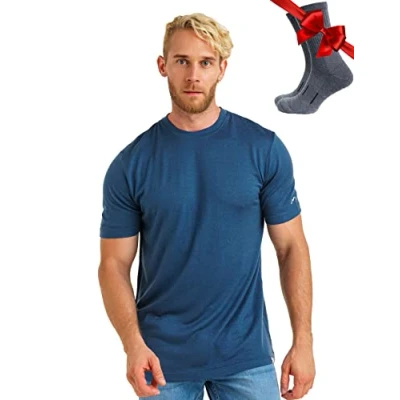 Abbildung von Premium Merino Shirt Herren Kurzarm Sporthemden 100% Unterwäsche + Wanderwollsocken (XX Large, Denim)