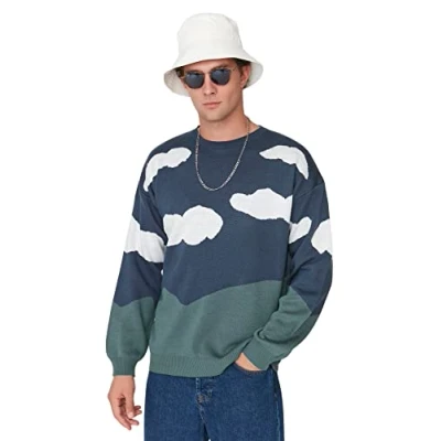 Abbildung von Trendyol Herren Einfarbiger Pullover mit Rundhalsausschnitt Sweatshirt, blau, L