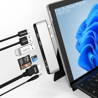 Abbildung von Surface Pro 9/10/11/X Zubehör, Docking Station mit 4K HDMI, USB C Thunderbolt 4 (Display+Daten+100W PD), 2 3.0, 3.5mm Audio, SD/TF Kartenleser für