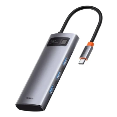 Abbildung von Baseus Metal Gleam 5 in 1, Multifunktions PC/Telefon Hub Adapter, grau, Anzahl Anschlüsse: 5, Eingang: USB Type C, Ausgang: A 3.0 X 3, C (PD), 4K HDMI,Reisegröße