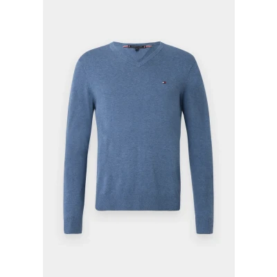 Abbildung von Tommy Hilfiger Herren Pullover Essential Cotton V Ausschnitt, Blau (Petrol Blue Heather), 3XL
