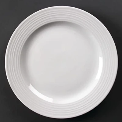 Abbildung von Olympia Linear Wide Rimmed Round Dinner Plates Set 310 mm/12.25 inch (6er Pack), Weißes Porzellan Backofen , Mikrowellen Spülmaschinenfest BS4034 zertifiziert, U092