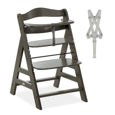 Abbildung von hauck Hochstuhl Alpha+ für Kinder ab 6 Monaten bis 90 kg, Edle Optik, inkl. Schutzbügel, 5 Punkt Gurt &amp; Schrittgurt, mitwachsender Kinderhochstuhl aus FSC® zertifiziertem Buchenholz (Charcoal)