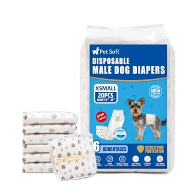 Abbildung von Pet Soft Einweg Hundewindeln für Rüden 20 Stück, Hochsaugfähige Rüdenwindeln mit Nässeindikator und Auslaufsicher (XS Stück)