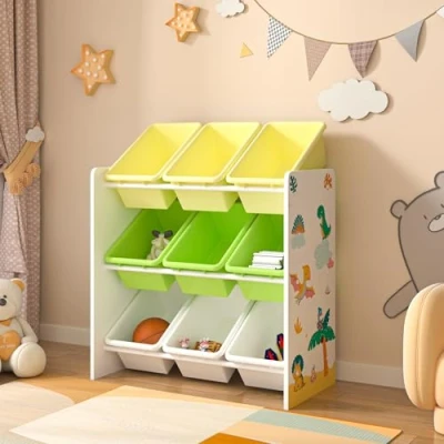 Abbildung von en.casa Kinderregal, »Muxía« Spielregal 9 Boxen mit Dinosaurier Motiv Weiß/Grün/Gelb