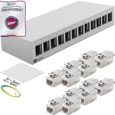 Abbildung von HB DIGITAL 12 Port Patchpanel Patchfeld Verteilerfeld 1 HE 12x CAT 6a RJ45 Keystone Jack Modul GHMT Zertifiziert vollgeschirmt STP 10 Gbps Kompatibel mit Verlegekabel Netzwerkkabel LAN Hellgrau