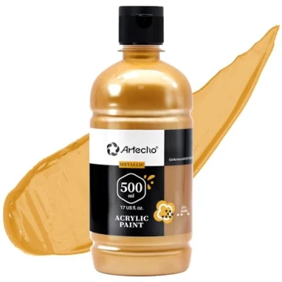 Abbildung von Artecho Acrylfarbe Gold 500 ml, Wasserfest und Lichtecht, Schnell Trocknend, für Leinwand, Holz, Stoff, Handwerk, Leder Stein.