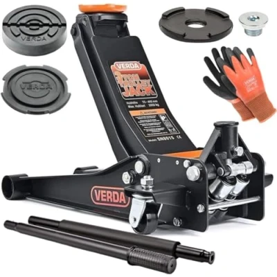 Abbildung von Wagenheber hydraulisch 3T, 75 515mm + 2X Gummi Montagehandschuhe mit Schmiernippel Extra Flacher Rangierwagenheber Doppelpumpsystem Doppelkolben Unterstellbock Auto Heber Profi