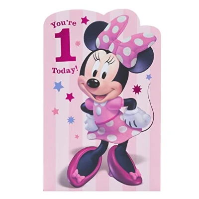 Abbildung von UK Greetings Disney Geburtstagskarte zum 1. Geburtstag für sie/Mädchen mit Umschlag, rosa Design Minnie Maus