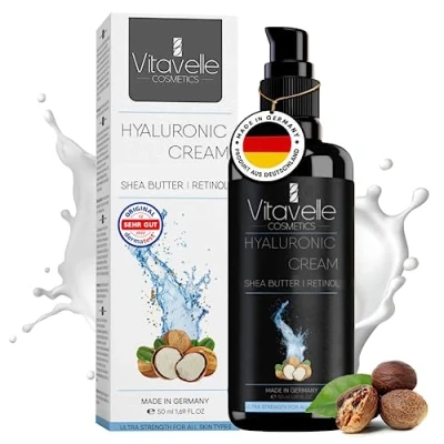 Abbildung von Vitavelle Bio Hyaluronsäure Gesichtscreme Damen Männer mit Sheabutter Feuchtigkeitscreme Gesicht Tagescreme Hyaluron Serum hochdosiert Anti Aging Gesichtspflege