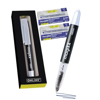 Abbildung von Online magiXX radierbarer Tintenroller Schwarz mit Tintenpatronen I Rollerball 0,7mm Strichstärke inkl. 7x Patrone blau Stift