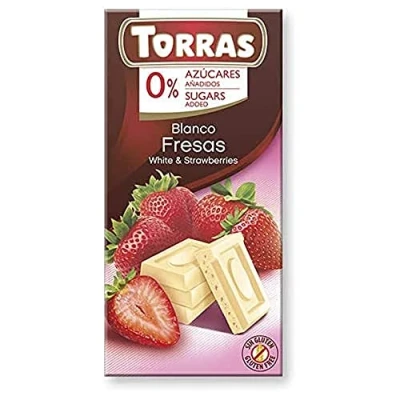 Abbildung von Torras zuckerreduzierte Schokolade, Schokolade ohne Zuckerzusatz, Weiße mit Erdbeerstückchen, Tafel (75g)