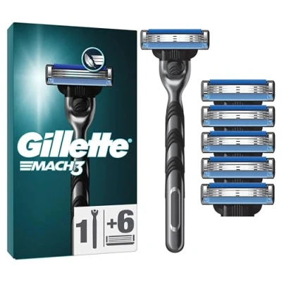 Abbildung von Gillette Mach3 Basis Rasierer für Männer, 1 Rasierer, Ersatzklingen, Mit Gleitstreifen ein sanftes Gleiten und NEUER Klingenbeschichtung, weniger Hautirritation