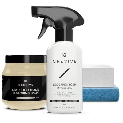 Abbildung von CREVIVE Lederpflegeset (SPARSET 4 teilig, Lederreparatur, sehr ergiebig), 300 ml Lederbalsam + 250 Lederreiniger mit Aloe Vera, Lederpflege