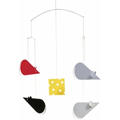 Abbildung von Flensted Mäuschen Mobile aus Siebdruckfolie und Stahlgestänge hergestellt, in den Farben: Gelb, Rot Grau, Maße: 40 x 50 cm, 106a