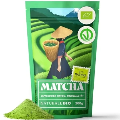 Abbildung von Bio Green Tea Pulver 200g. Zum Kochen und Backen. Originaler japanischer Matcha. Grüner Tee aus Japan, Vegan, Gluten &amp; Gentechnik frei. NaturaleBio. Natürliches Produkt.