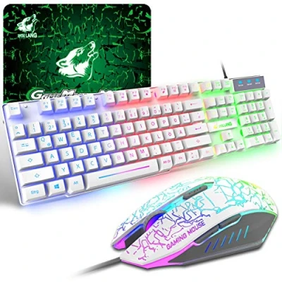 Abbildung von Gaming Tastatur und Maus Set, QWERTZ German Layout Regenbogen LED Hintergrundbeleuchtung Ergonomische Keyboard 6 Tasten 2400 DPI Mauspad, USB Verkabelt, Kompatibel mit PS4 Xbox, Schwarz
