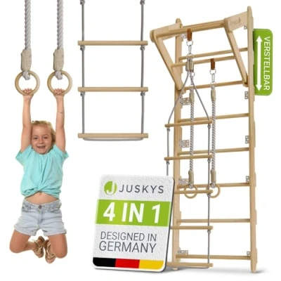 Abbildung von Juskys Sprossenwand, für Kinder, Kletterwand mit Strickseil, Turnringen und Klimmzugstange