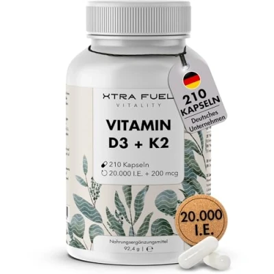 Abbildung von XTRA FUEL Vitamin D3 + K2 Kapseln 20.000 I.E. 200mcg 100% rein &amp; vegan Kapseln, 90.2 g