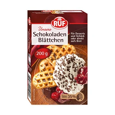 Abbildung von RUF Schokoladen Blättchen Kakao, Schoko Flocken direkt aufs Brot oder als Dekor für Torten, Kuchen, Muffins, Cup Cakes &amp; Desserts, 1 x 200g