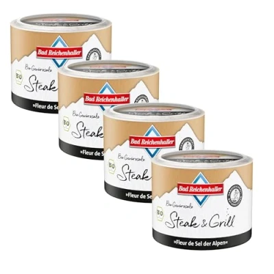 Abbildung von Bad Reichenhaller Alpensaline Edles Alpensalz Steak &amp; Grill 4x90g BIO Premium Salz Gewürzmischung Gewürze stammen aus kontrolliert biologischer Anbau Bundle Paket 4er SET