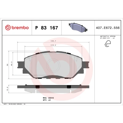Abbildung von BREMBO P 83 167 Bremsbelagsatz mit akustischer Verschleißwarnung Anti Quietsch Blech ohne Zubehör TOYOTA: Hilux VIII Pickup, Fortuner II
