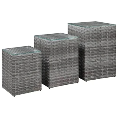 Abbildung von vidaXL Beistelltisch 3 TLG. mit Glasplatte Satztisch Sofatisch Kaffeetisch Couchtisch Wohnzimmertisch Teetisch Esstisch Grau Poly Rattan