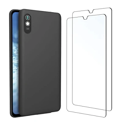 Abbildung von NEW&#039;C Hülle für Xiaomi Redmi 9A Ultra Thin Silikon Schwarz und 2 x Panzer Schutz Glas Anti Scratch