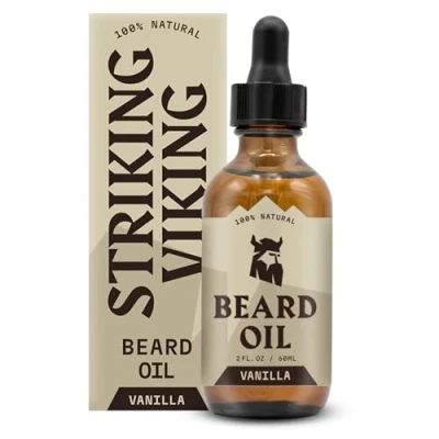 Abbildung von Striking Viking Vanille Bartöl (groß 2 oz.) 100% natürliche Bartspülung mit Bio Argan und Jojoba Bartölen Vanilleduft macht weich, spendet Feuchtigkeit stärkt das Bartwachstum