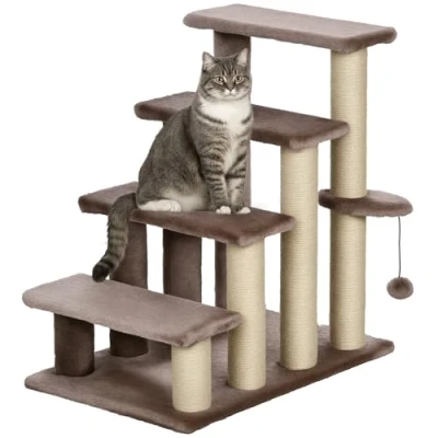 Abbildung von PawHut Haustiertreppe mit Kratzbaum Ball 4 stufige Katzentreppe Plüsch Jute