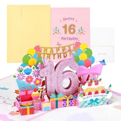 Abbildung von Joyoldelf 16 Jahre alte Geburtstagskarte, Pop Up Grußkarten, 3D Karte Geburtstag Grußkarte, Geburtstagskarten mit Umschlag für Frauen Mütter Mädchen Freunde Romantik Geschenk
