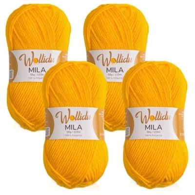 Abbildung von Wollidu Mila Garn zum Häkeln und Stricken 4 x 50g/133m Strickgarn 100% Polyacryl Häkelgarn Gelb