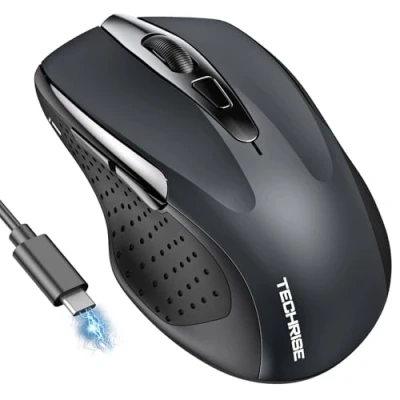 Abbildung von TechRise Bluetooth Maus, 2.4G Kabellose Maus (BT 5.0/3.0 + 2.4G), 4800 DPI Wiederaufladbare Ergonomische 6 Stufen Stille mit USB Empfänger für Laptops, Computer, PC, Windows, Grau