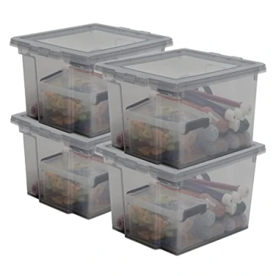 Abbildung von Iris Ohyama, Kunststoff Aufbewahrungsbox, 10 Liter Büro 4er Set, BPA frei, DDUSB S, Grau, stapelbar, Verschlussclips ? B29 x T24 H18,5 cm