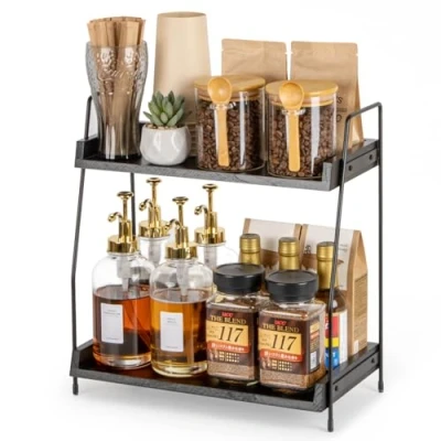 Abbildung von ANBOXIT Kaffee Organizer, Kaffeebar Zubehör Organizer Holz, Aufbewahrung für Kaffeestation, Arbeitsplatten Gewürzregal Küche, 2 stöckige Caddy Zuhause, Büro Schwarz