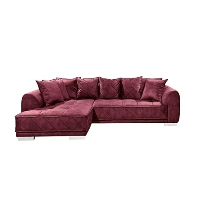 Abbildung von Stella Trading SENTINA Ecksofa in Samtoptik, Burgund Moderne Eckcouch L Form mit universell stellbarer Ottomane &amp; dekorativer Steppung 319 x 73 (90) 194 cm (B/H/T)