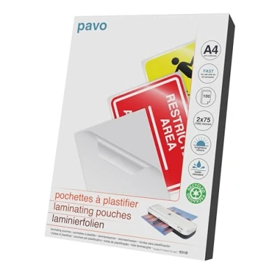Abbildung von Pavo Laminierfolien Format A4, 2 x 75 micron, 100 er Pack, Glanz, Schnelle Laminierung