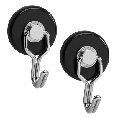Abbildung von Maul Magnete mit Haken Ø35x53mm (2 Stück) Starker Magnet 5kg Haftkraft für leichte Kleidung, Handtuch, Kalender und Schlüssel Runder Kühlschank, Magnettafel Schwarz