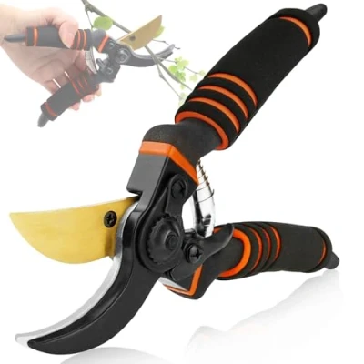 Abbildung von NewGF Gartenschere,Pflanzenschonende Baumschere mit Bypass Schneide für frische Äste und Zweige,Rostfreier Stahl Stahlklinge,integrierte Feder im Grif,max. Schneid Durchmesser 25 mm,orange